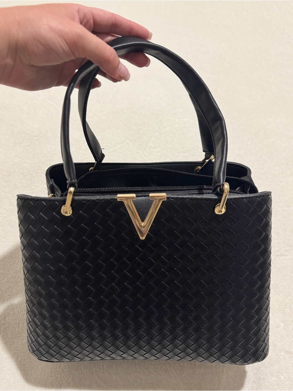 Crossi Black Woven Faux Leather Handbag Gold Hardware Satchel